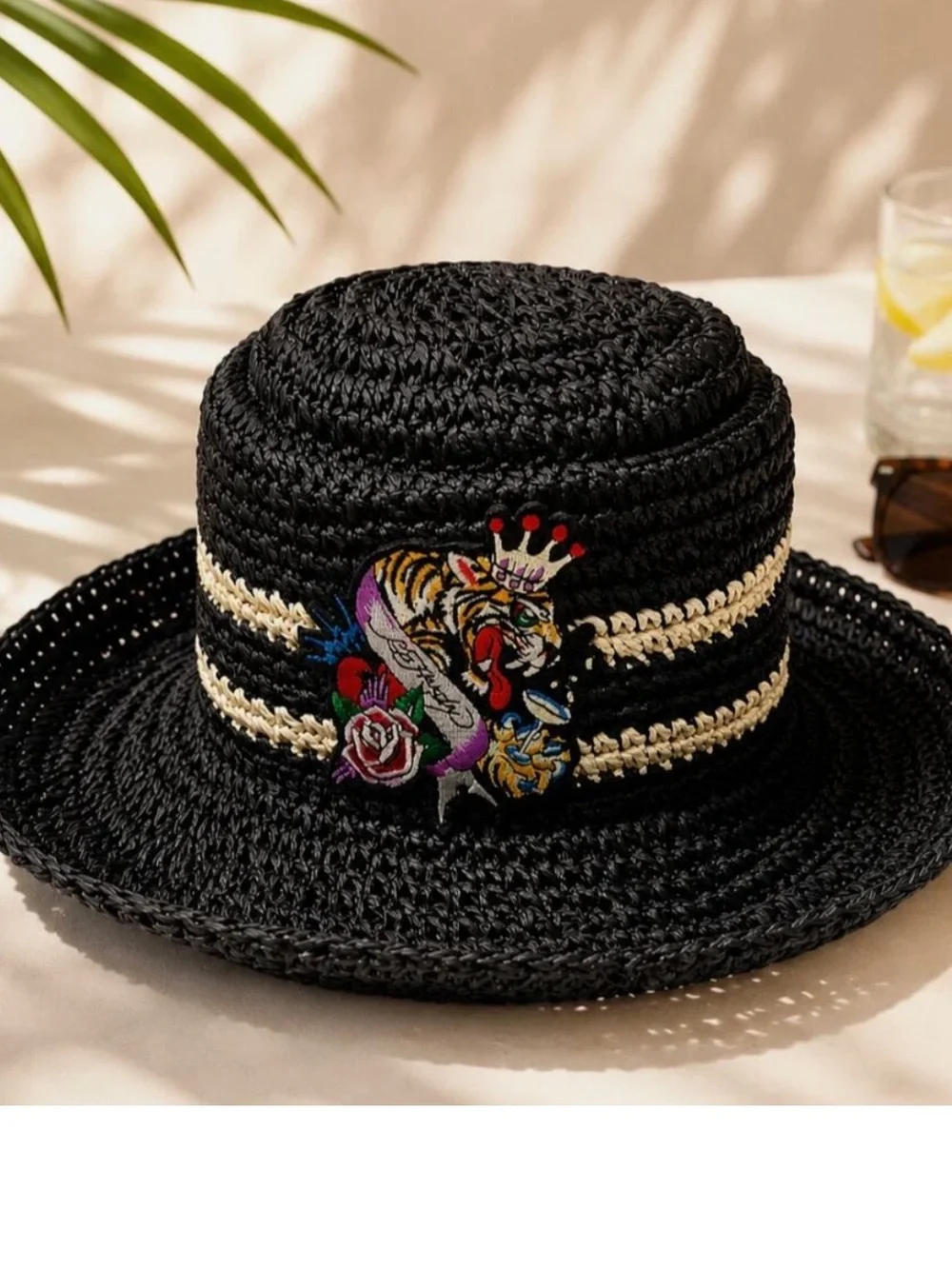 Ed Hardy Black Straw Sun Hat with Tiger Embroidery